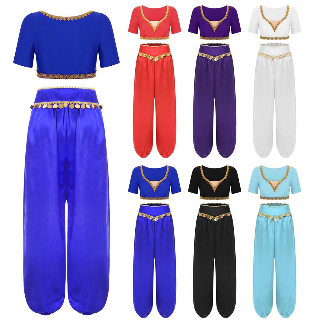 S-XXL Womens Belly Dance Outfit V Neck Short Sleeve Gold Trim Crop Top and Sequin Tassel Long Pants 2-piece Set for India Dance Folk Dance