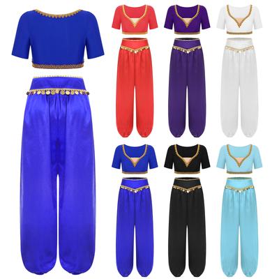 Women's Belly Dance 2-Piece Set S-XXL: V Neck Short Sleeve Gold Trim Crop Top with Sequin Tassel Long Pants for India Folk Dance