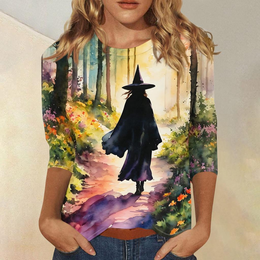 Women's Fashion Casual 3/4 Sleeve Halloween Print Neck Blouse