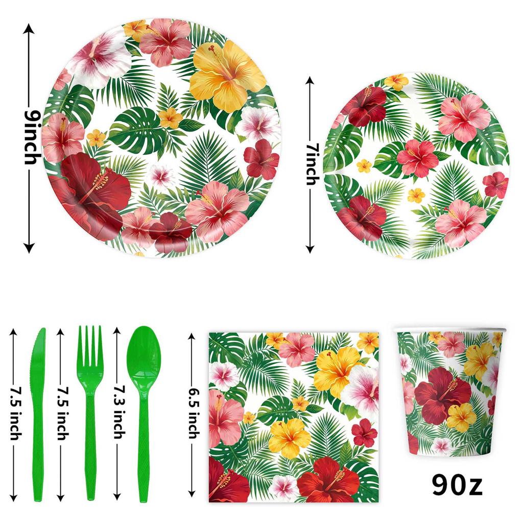 Hawaiian Leaf Summer Party Paper Plates, Napkins, Flags & Hanging Swirls Tableware Set
