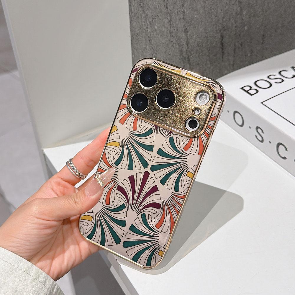 

Lucky Start Phone Case For iPhone 17 16 15 14 13 12 11 Pro Max 16E Gold Electroplated glass shell Art Deco Fan Motif Cover IPHONE12PROMAX