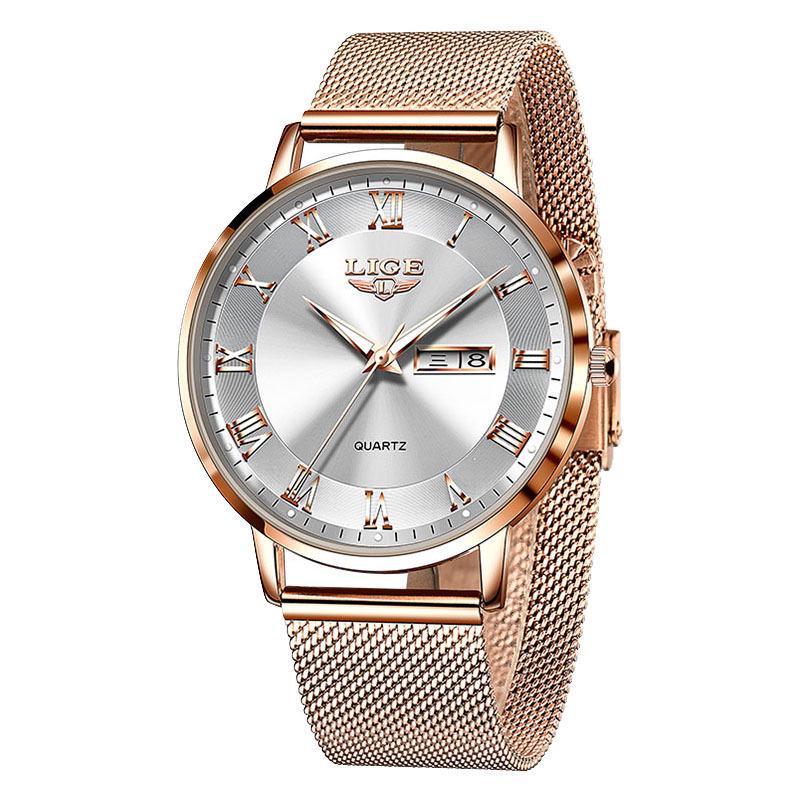 LIGE Women s Dual Calendar Waterproof Quartz Watch with Milanese Mesh Strap 10049