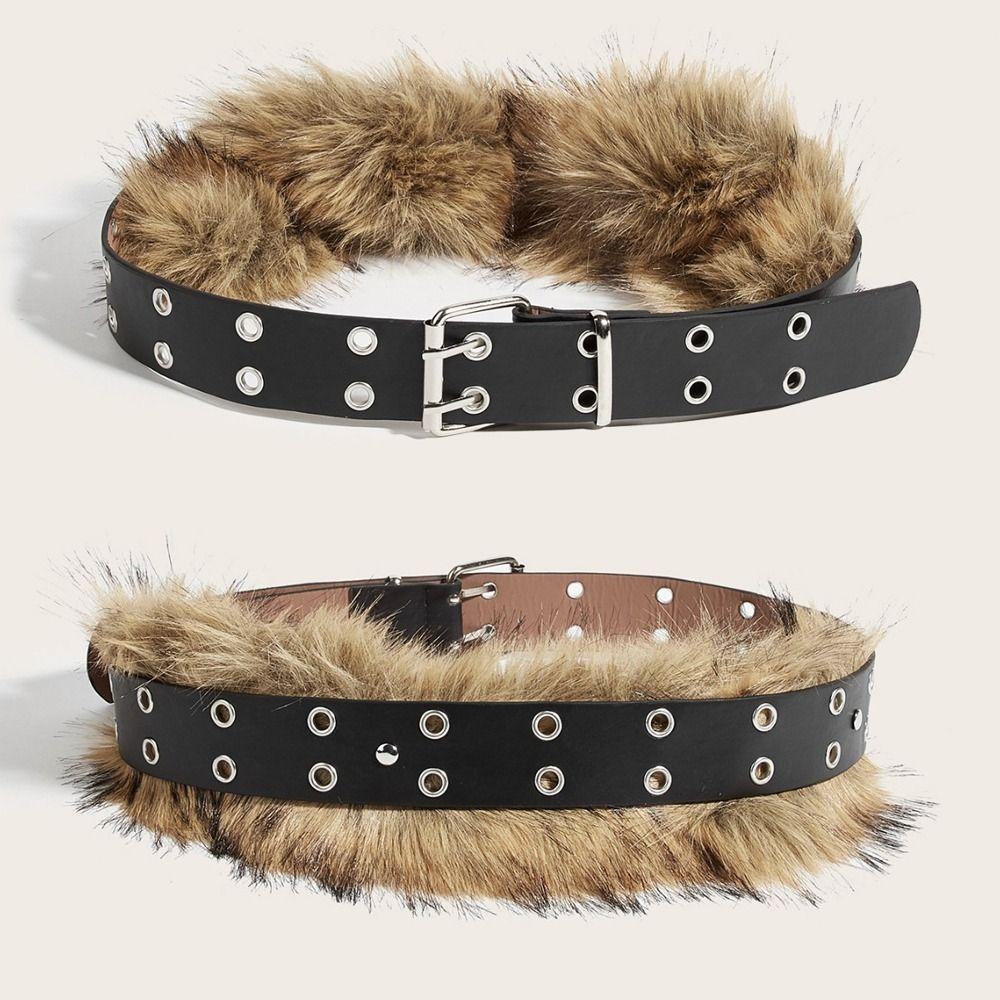 Vintage Trendy Design Faux Fur Belts Y2K All-match Rivet Buttonhole Belt Punk Waist Belts Women Fashion