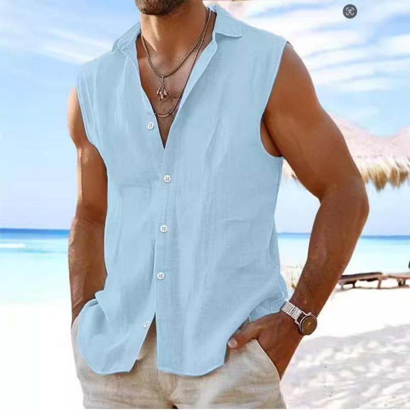 Fashionable Solid Color Lapel Sleeveless Top for Summer Men's Cool Button Splicing Cardigan Casual Loose Top