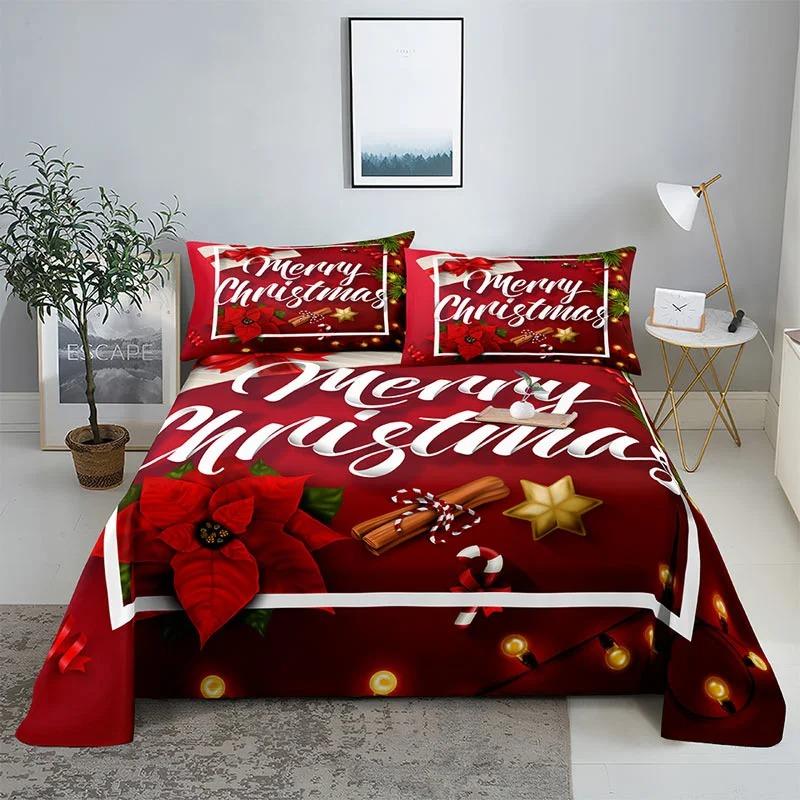 Merry Christmas Bed Sheet Set with Pillowcase 3D Print Santa Claus Home Decor New Year King Queen Full Size Red Bed Flat Sheet