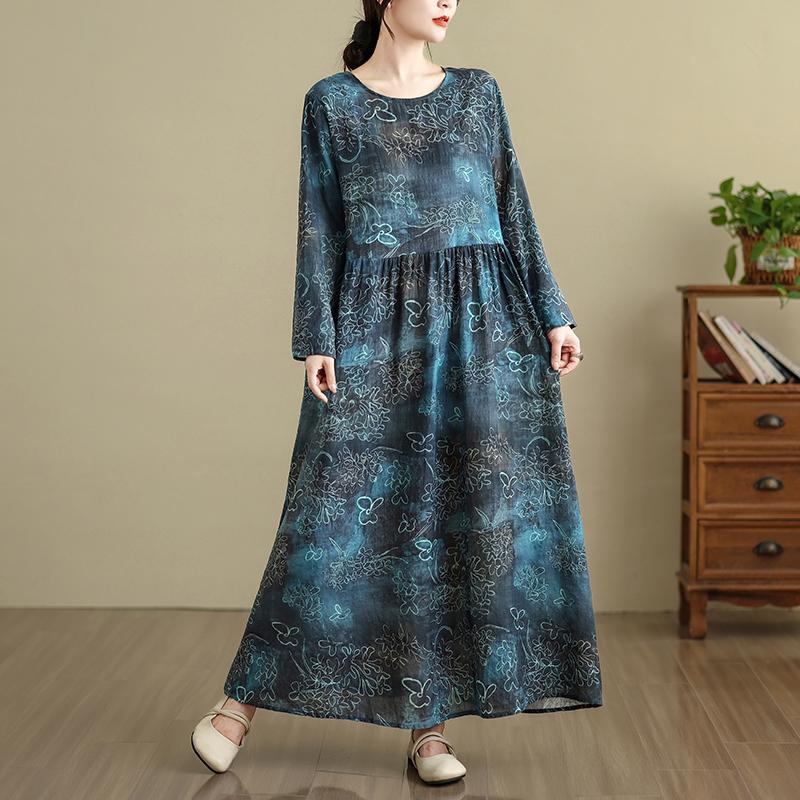 DIMANAF Neu 2025 Damen Übergröße Frühling Langes Kleid Locker Basic Vintage Oversize Langarm Maxi Floral