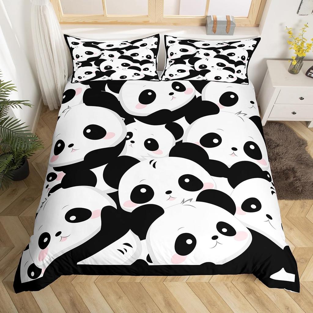 Kid Duvet Cover Twin, Cute Panda Bedding Set for Bedroom Decor, Kawaii Black White Bear Comforter Cover for Children Boys Girls