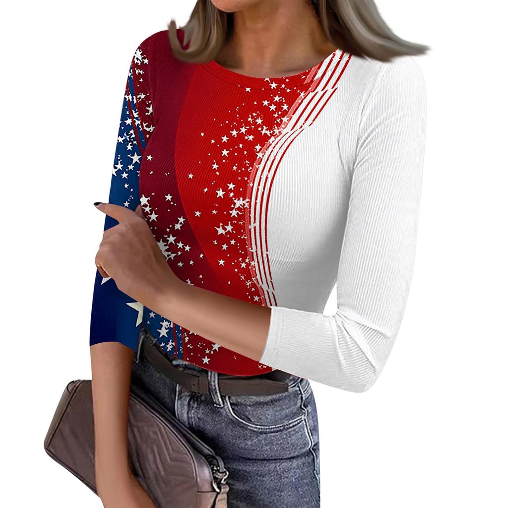 Women's Casual Fashion Round Neck Independence Day Print Three-Quarter Sleeve Ribbed Top