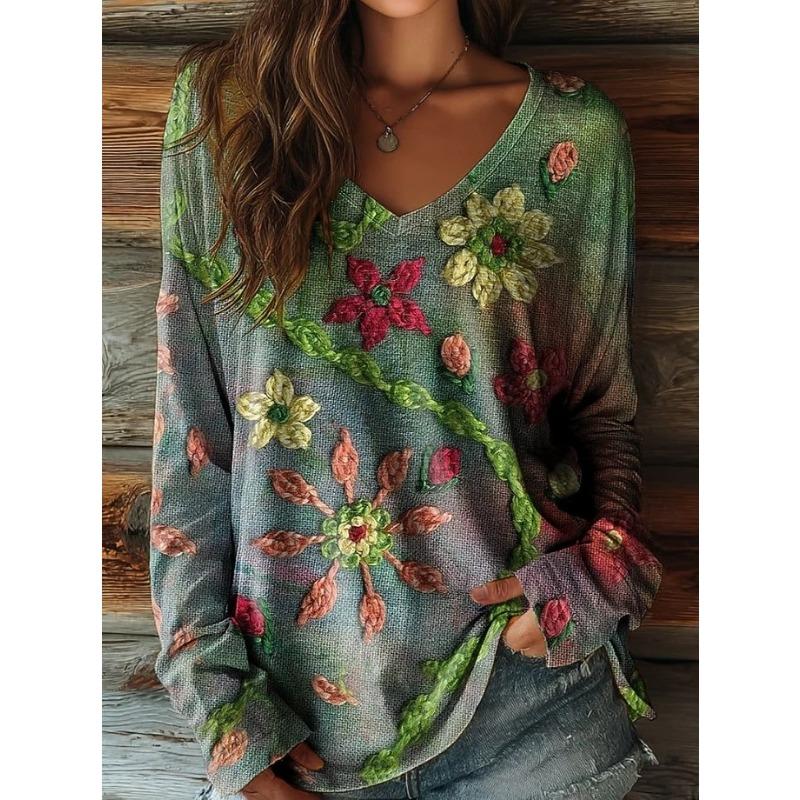 Women's Boho T Shirt Long Sleeve Floral Graphic Plants Vintage Stylish Casual Long Sleeve V Neck Regular Tops