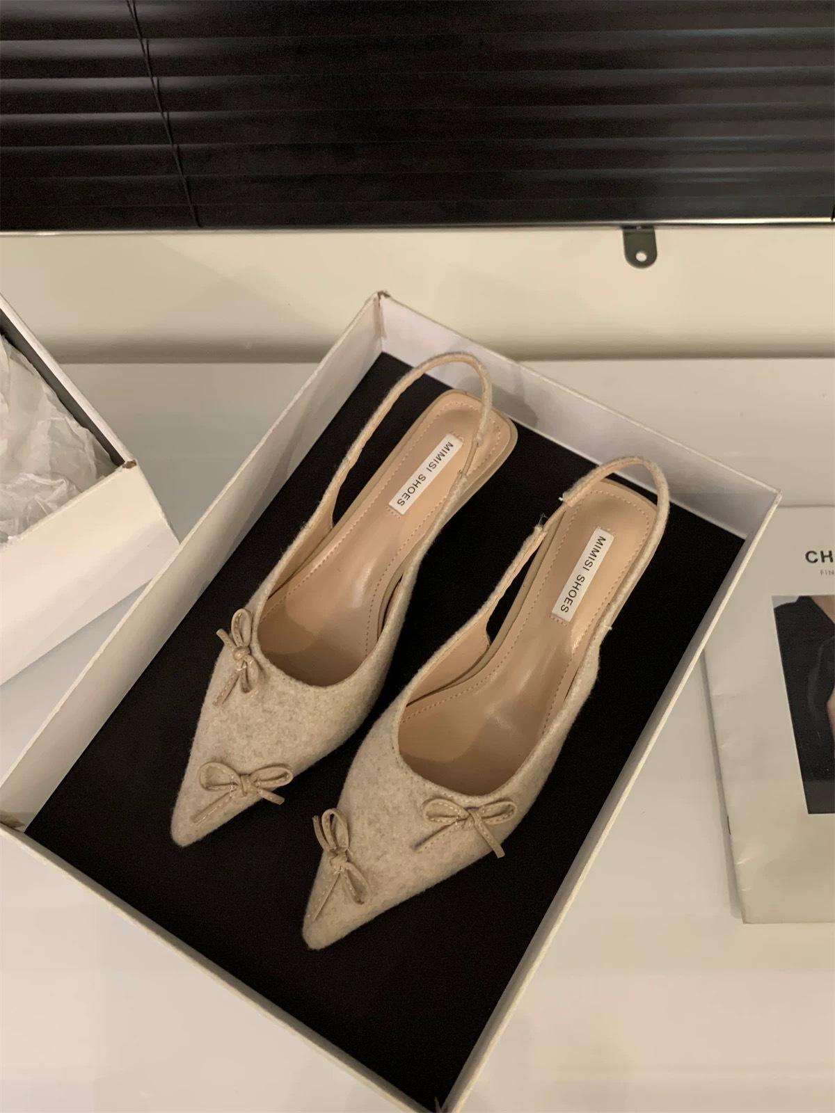 

New bow pointed cat heel sandals 25 years summer European and American bottom heel woolen muller thin heel bag head half slippers 40 рожевий