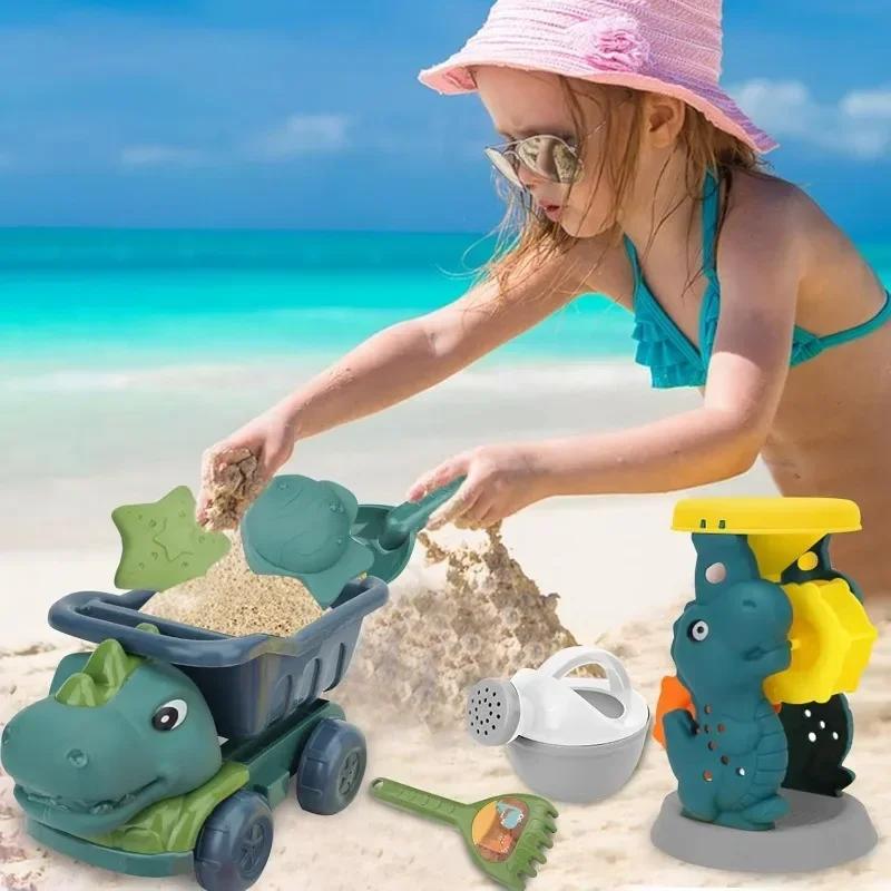 Beach Toy Car & Shovel Set -Dinosaur Themed Sand Toys with Hourglass Dredger Fun Beach Activity Kit for Ages 3-8 Kids Sand Scoop