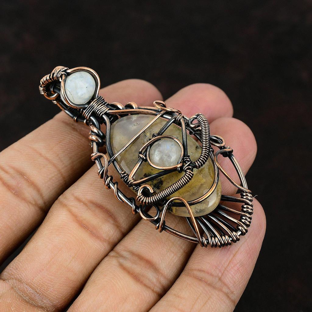 Evil Eye Plume Agate Copper Wire Wrapped Pendant Moonstone Copper Jewelry Handmade Pendant Moonstone Pendant Evil Eye Jewelry Gift For Mom