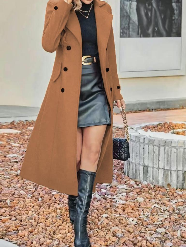 European-American Slimming Double-Breasted Mid-Length Wool Coat with Cinched Waist and Lapel 2025