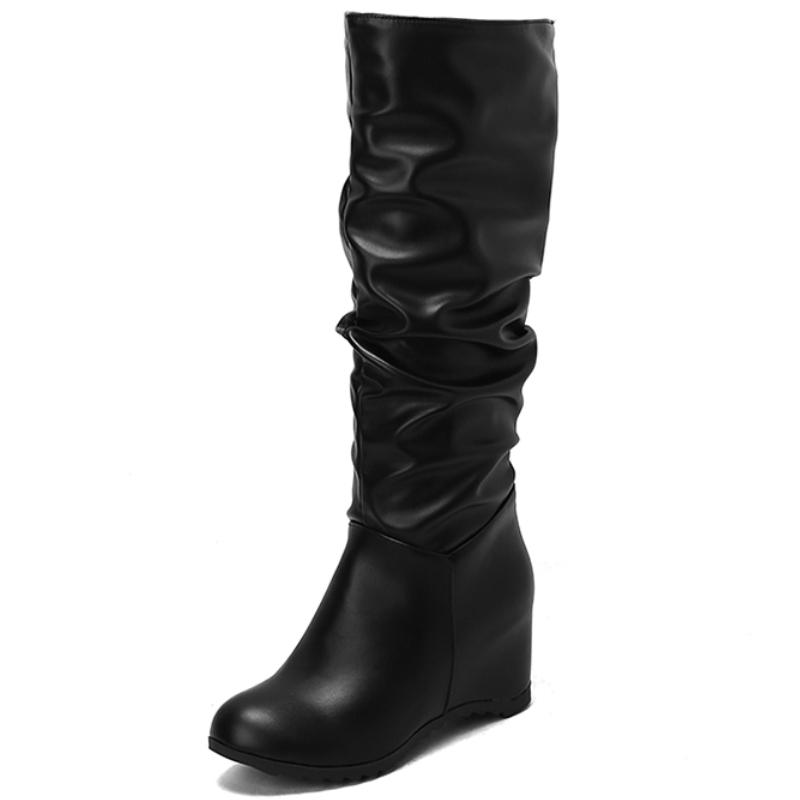 

Ботильоны на танкетке до колена Женская зимняя обувь Увеличивающие рост Высокие сапоги Модные Плиссированные Черно-белая обувь Женская Повседневная 34