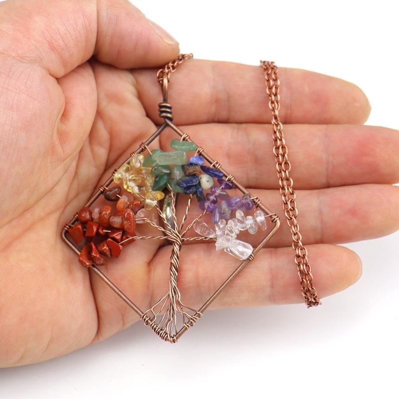 Hand-Wrapped Square Tree Of Life Necklace Natural Irregular Gravel Crystal Necklace N09