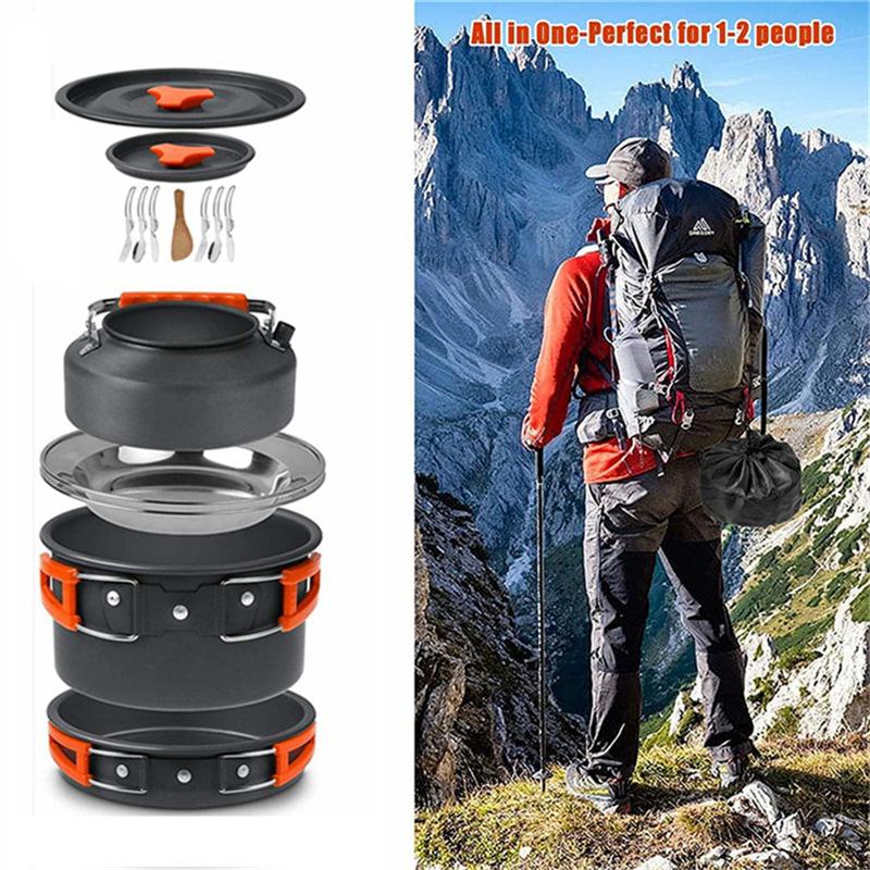 Aluminum Camping Cookware Set with 1-2L Kettle-Portable Outdoor Picnic Pot & Mess Kit for Hiking and Backpacking