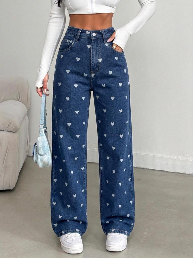 Women's White Heart Denim Pants - High Stretch, Slim Fit, Wide Leg