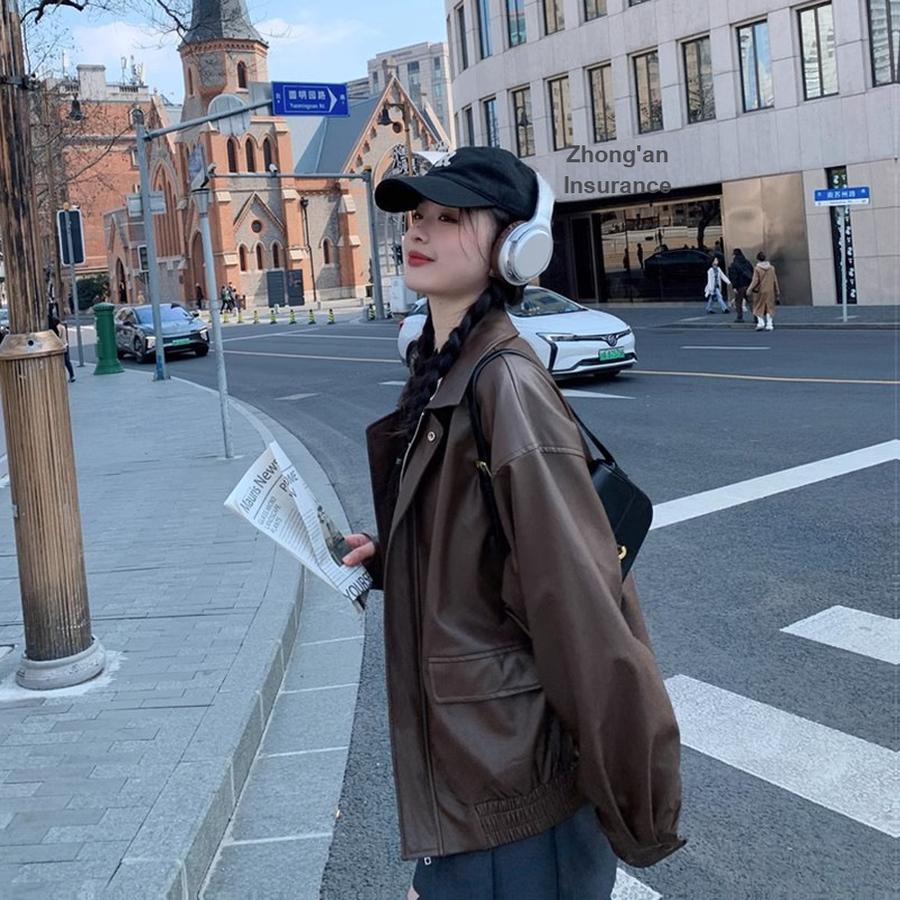 Vintage Brown Leather Jacket Women's Short Coat Autumn Spring Petite Korean Style Loose Leather Blazer Cool Motorcycle Jacket