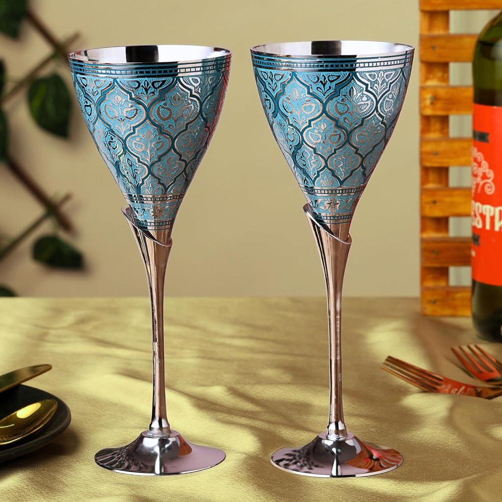 Blue Wine Glasses, Metal Brass Goblet, Champagne Flutes, Diwali, Wedding Gift for Couple Marriage, Corporate Clients - Set of 2, 200 ML
