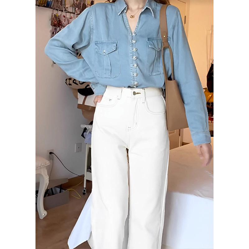 Bluză Dama Bumbac Casual Muncă Cămașă Denim Guler Întors Topuri Denim Cămăși Femei Bluză Mărimi Mari