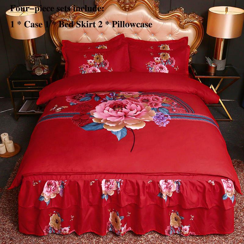 Four Sets of Big Red Bed Skirts Set Double Anti-skid Bed Single Bed Cover Wedding Bed Supplies