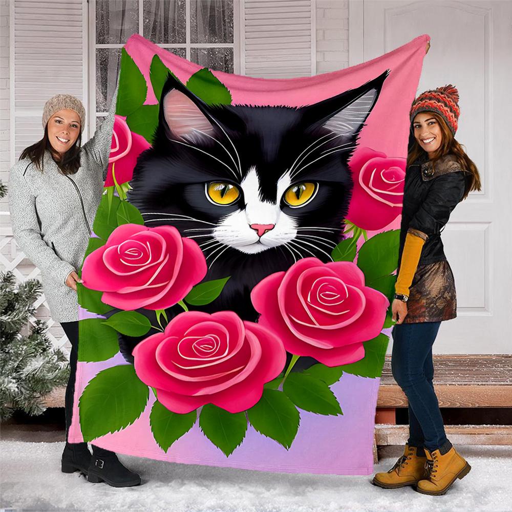 1pc Cat Roses Outdoor Flannel Blanket Soft All Season Polyester Throw , Perfect for Picnics & Travel , Picnic Accessory