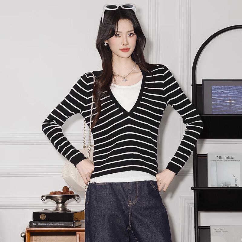 Women's Faux Two-Piece Striped Patchwork Knit Sweater