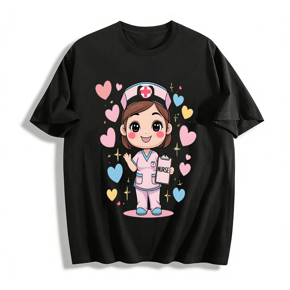 

Cute Heart Nurse Print Casual Top Women s Medical Theme Daily T-Shirt Pure cotton T-shirt 6XL