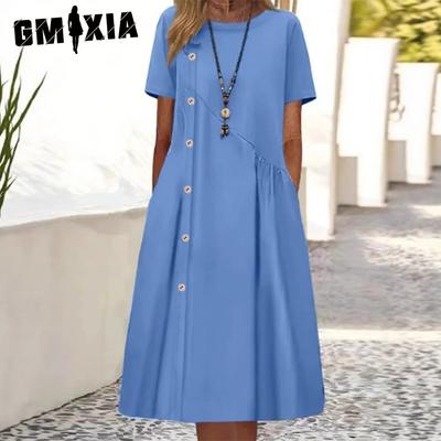Damenmode Sommer Frühling Einfarbiger Druck Kurzarm O-Ausschnitt Hohe Taille Freizeitkleider