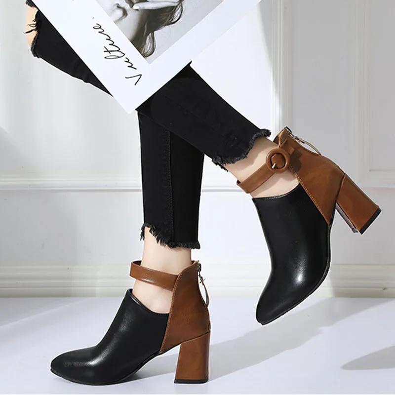Women Ankle Boots Black Chunky High Heel 7CM Color Matching Buckle Bota Back Zip Casual Female PU Learther Botines Chelsea