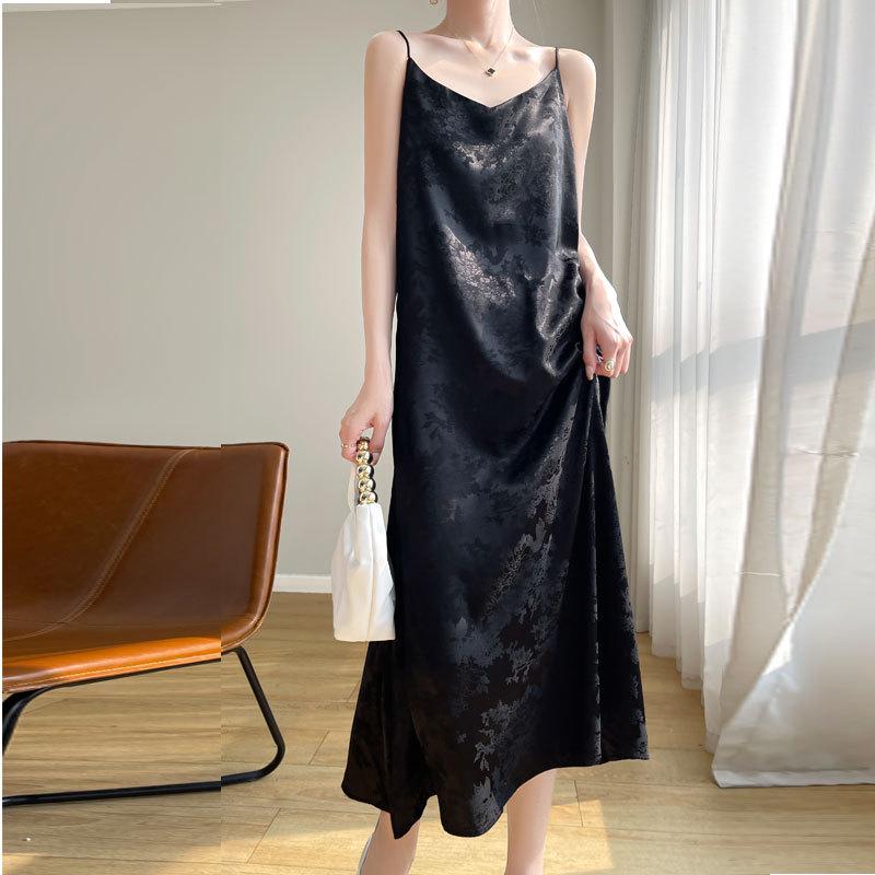 Damen Chinesischer Stil Satin Jacquard Maxikleid mit Spaghettiträgern