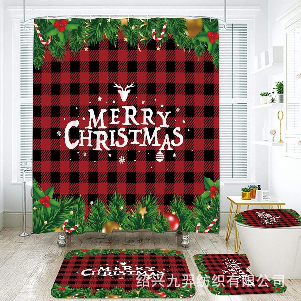 Christmas Shower Curtain Bath Tent Bathroom Polyester Door Curtain Curtain Partition Curtain Toilet Seat Four-Piece Set