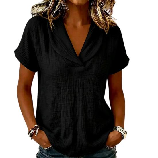 

Women V-Neck T-Shirt Short Sleeve Solid Color Summer Blouse Loose Fit Fashionable Collared Casual Tee for Work Party Date Wear M чёрный