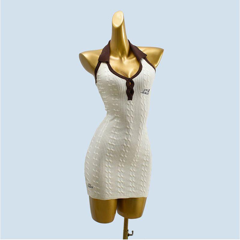 

Pure Desire Sexy Sexy Halterneck Spaghetti Straps Knitted Dress Female Spring & Fall Tight Slim-Fit Slim Looking Elegant Short Hip Skirt Rice apricot All yards