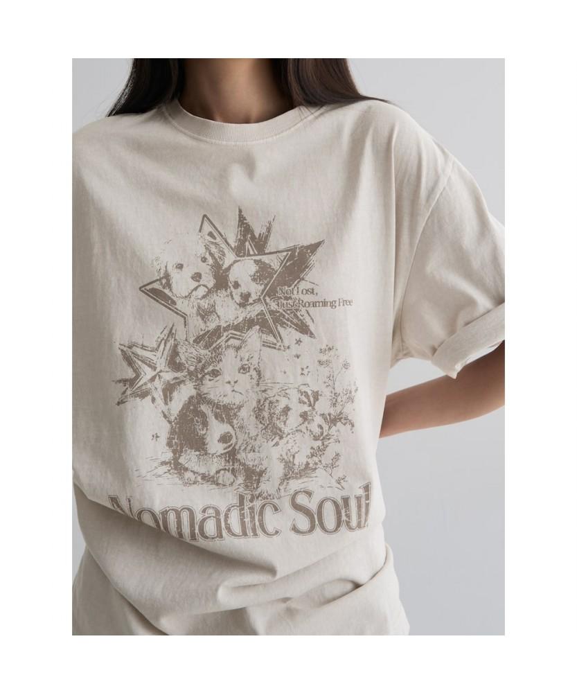 8SECONDS Grunge Oversized Dyed Graphic T-Shirt Beige