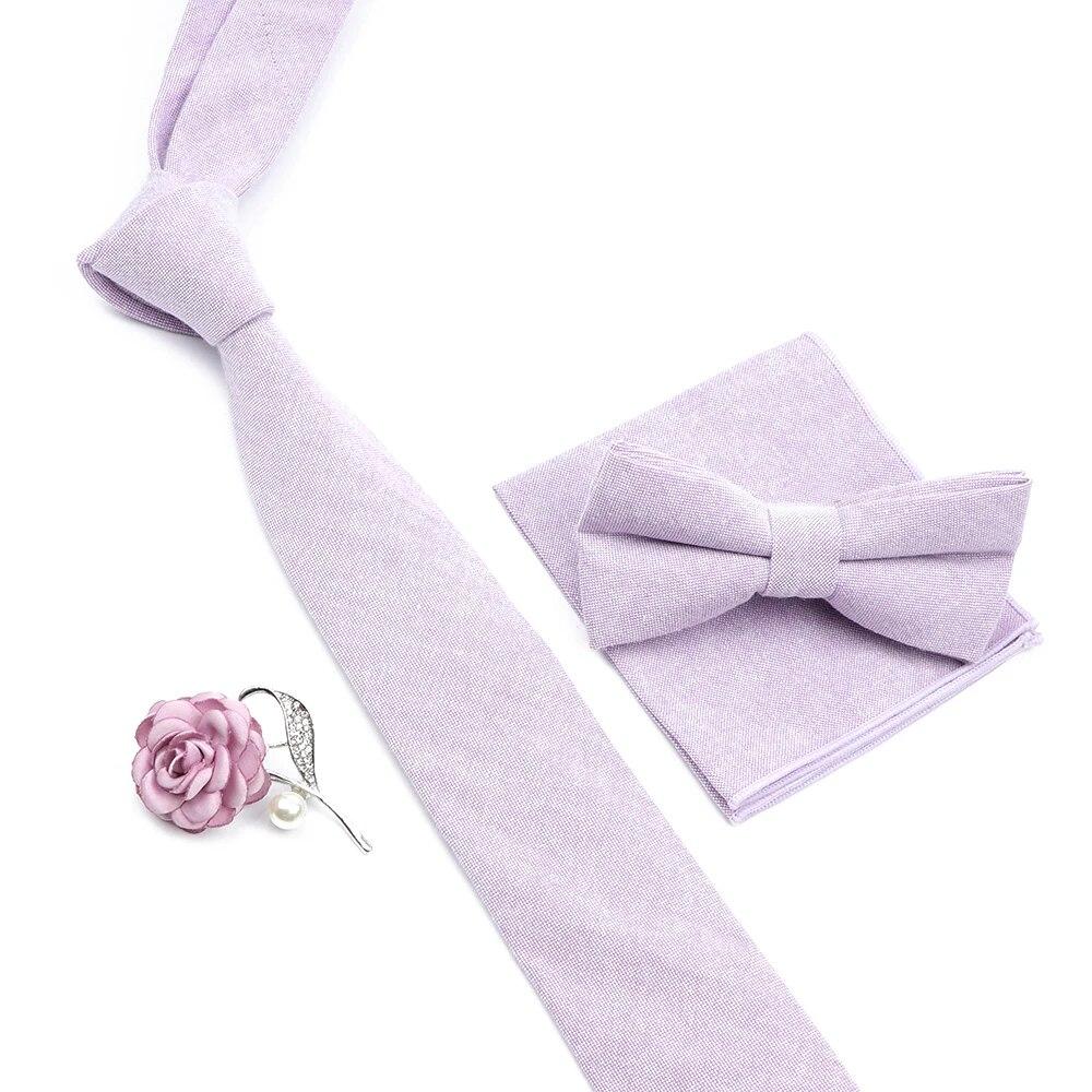 Solid Color Cotton Necktie Set For Men Tie 4pcs Hanky Cufflinks Rhinestone FLoral Brooch Tie Set