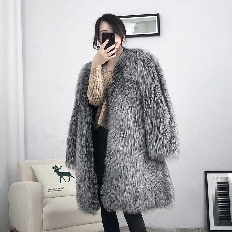 Women's Mid-Length Faux Fur Coat with Fox Fur Trim, Genuine Leather, Slim Fit, Korean Style, Fashionable, Warm, Casual for Autumn/Winter.