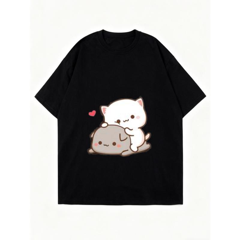 Women's Short-Sleeve T-Shirt with Cute Cartoon Cat & Gray Pet Heart Print