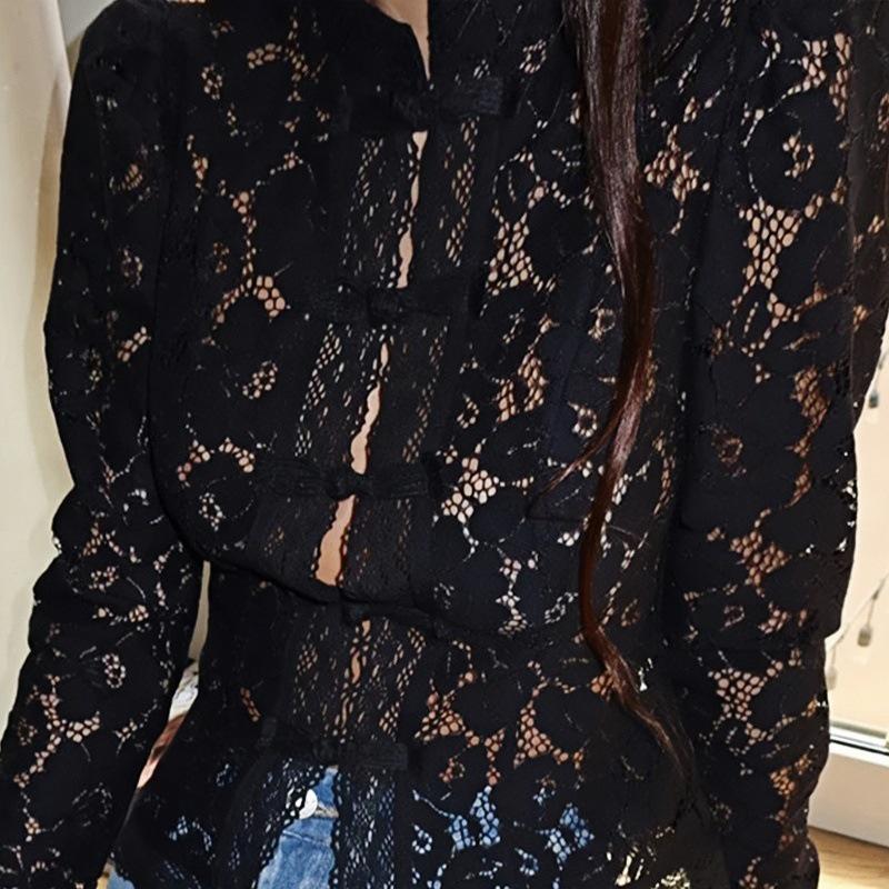 Europäischer & Amerikanischer Stil Froschknopf Spitzenshirt - Stehkragen, Taillenformend, Vielseitiges & Atmungsaktives Oberteil, 2025.