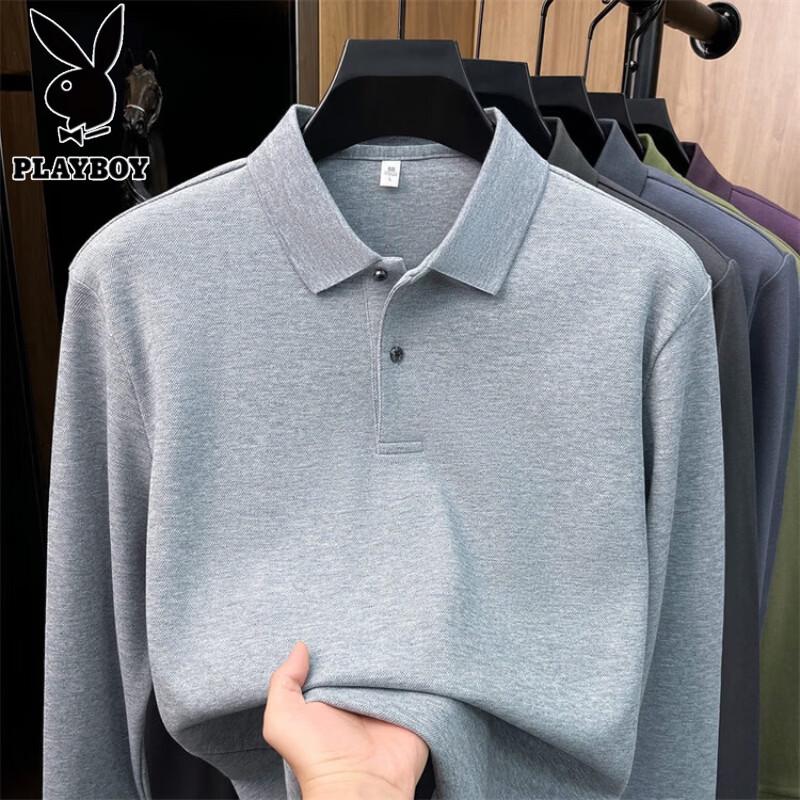PLAYBOY Men's 100% Cotton Long-Sleeve Polo Shirt