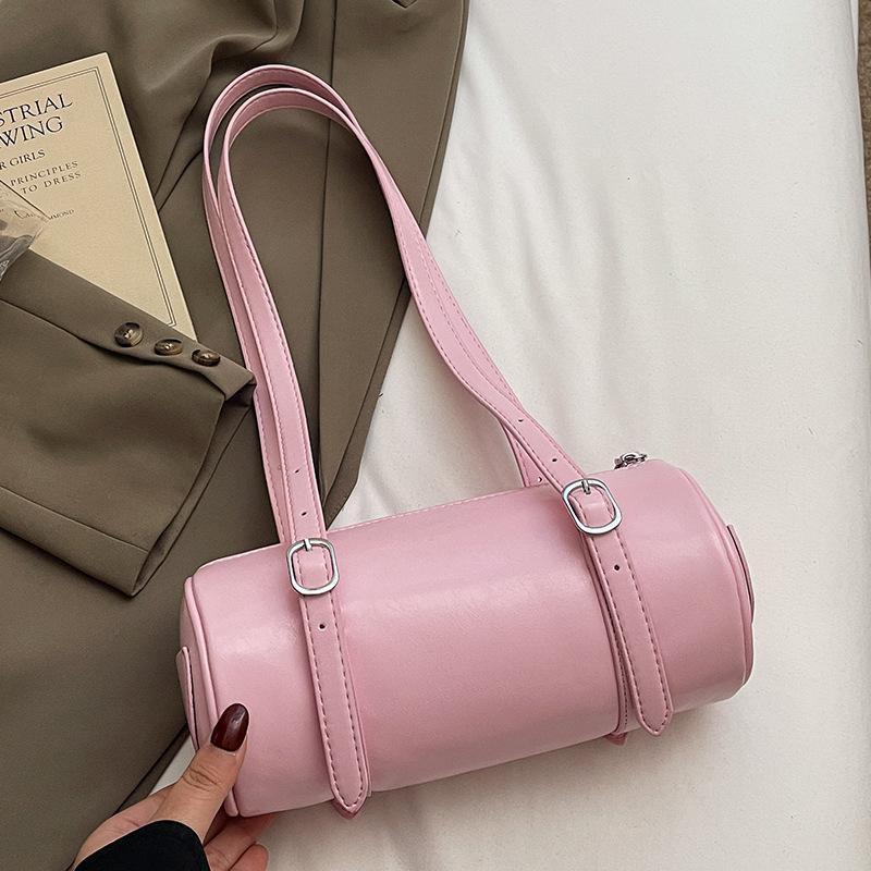Simple oil wax leather portable cylinder bag niche design casual versatile shoulder pillow bag women