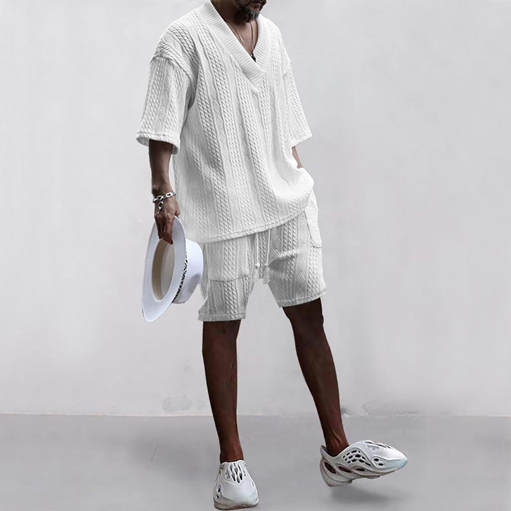Anmurye Summer Tracksuit Short Sleeve and Casual Oversized Adjustable Solid White L Men's Set, T-Shirt Shorts, V-Neck, Fit, Comfortable, Waist, Color,