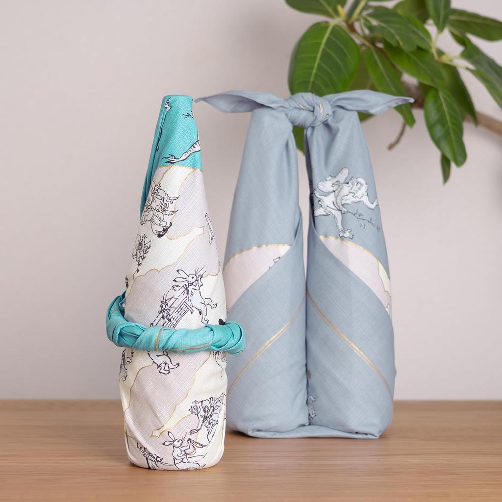 Musubi Furoshiki Choju Jinbutsu Giga of Animals and Lotus Leaf Organic Cotton 100cm, (Caricature People) Design, Turquoise,