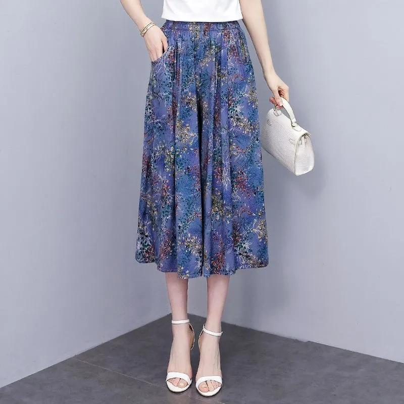 Summer Wide Leg Pants Women Ethnic Style Elastic High Waist Print Pants Female Casual Summer Calf-Length Pants Skirts