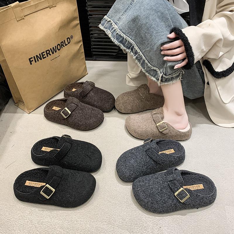 Cotton towed fluffy slippers women wear new autumn and winter velvet retro one-pedal lazy shoes bag head