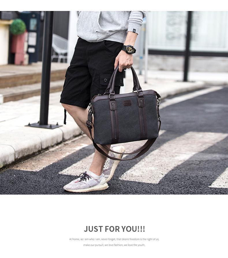 Men's Classic Canvas Business Briefcase: Horizontal Shoulder Bag with Cowhide Accents for Laptop and Daily Use
