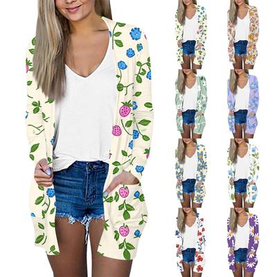 Damen Casual Mode Floral bedruckte Langarm Mittellange Strickjacke Jacke