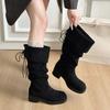 Knee High Boots Women's Fashion Round Toe Suede Sleeve Soft Sole Anti-slip Wear-resistant Block Heel Shoes