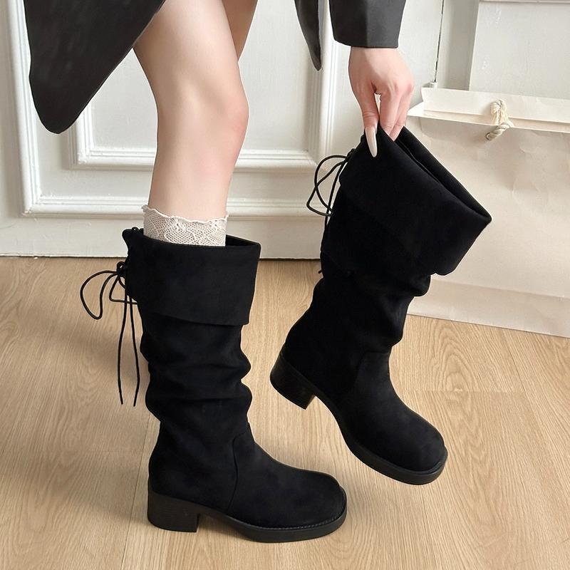 Knee High Boots Women's Fashion Round Toe Suede Sleeve Soft Sole Anti-slip Wear-resistant Block Heel Shoes