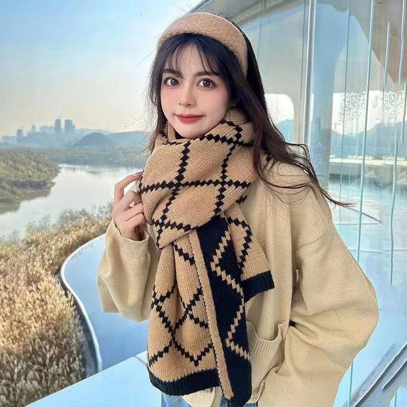 Winter Women Men Scarf Double-Sided Woolen Knitted Plaid Scarf Small Soft Warm Couple Scarves Outdoor Windproof Neckerchief